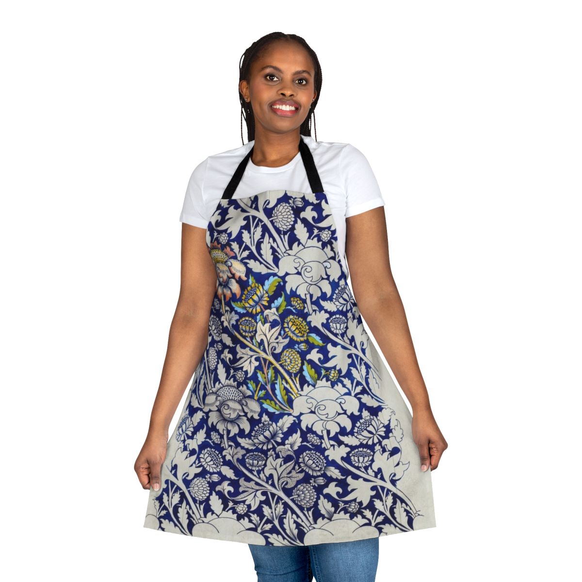 Floral apron featuring an art nouveau style botanical design inspired by the artwork of William Morris