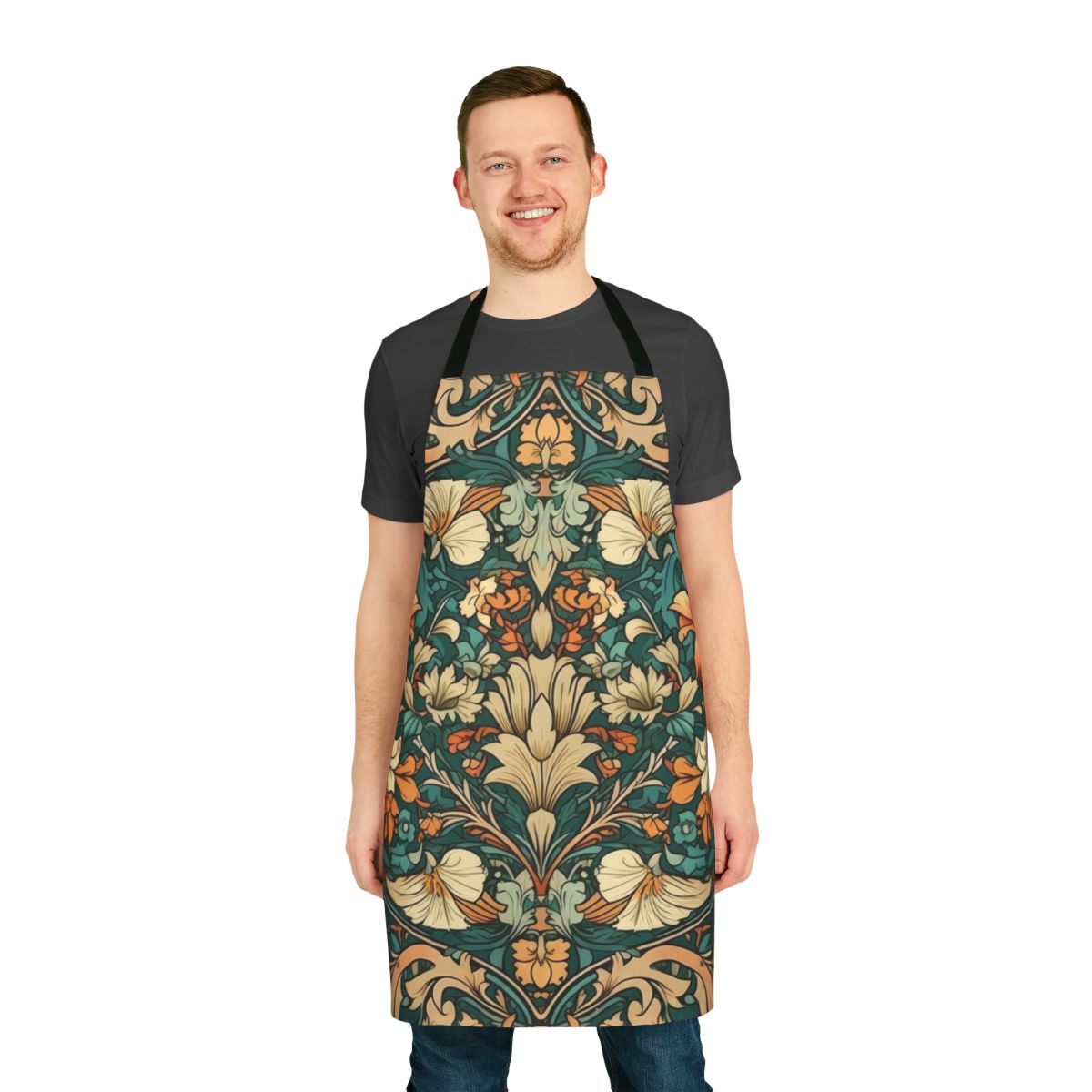A high-quality apron with an intricate art nouveau floral design