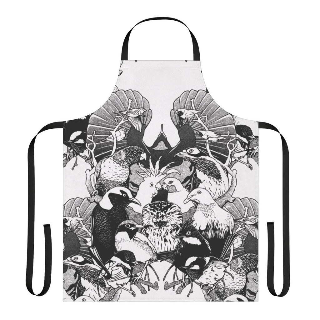Apron featuring elegant line drawings of Australian birds like cockatoos, parrots, and lorikeets.