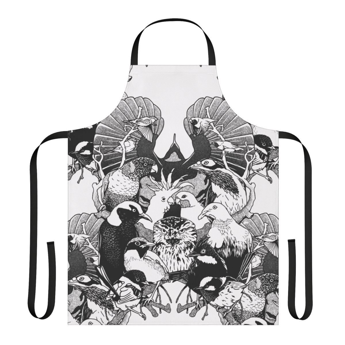 Apron featuring elegant line drawings of Australian birds like cockatoos, parrots, and lorikeets.