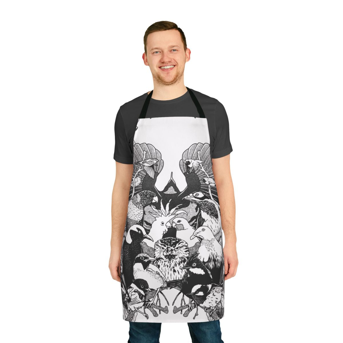 Apron featuring elegant line drawings of Australian birds like cockatoos, parrots, and lorikeets.