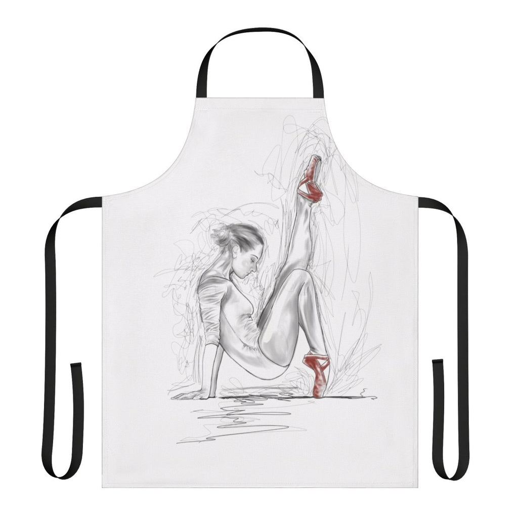 A red ballet-inspired apron with a dancer silhouette design