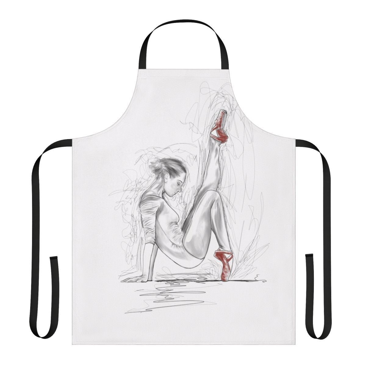 A red ballet-inspired apron with a dancer silhouette design