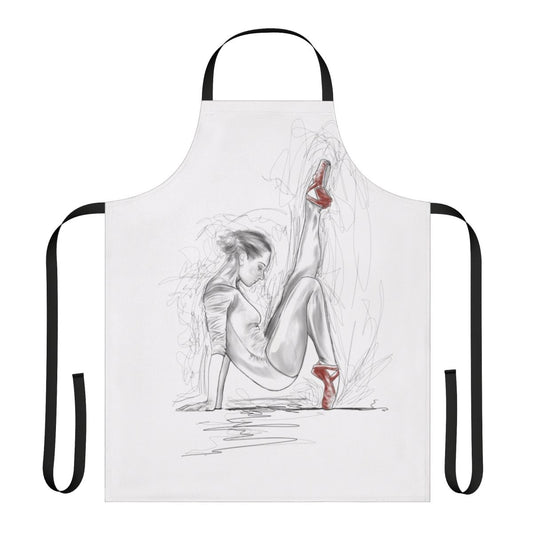 A red ballet-inspired apron with a dancer silhouette design