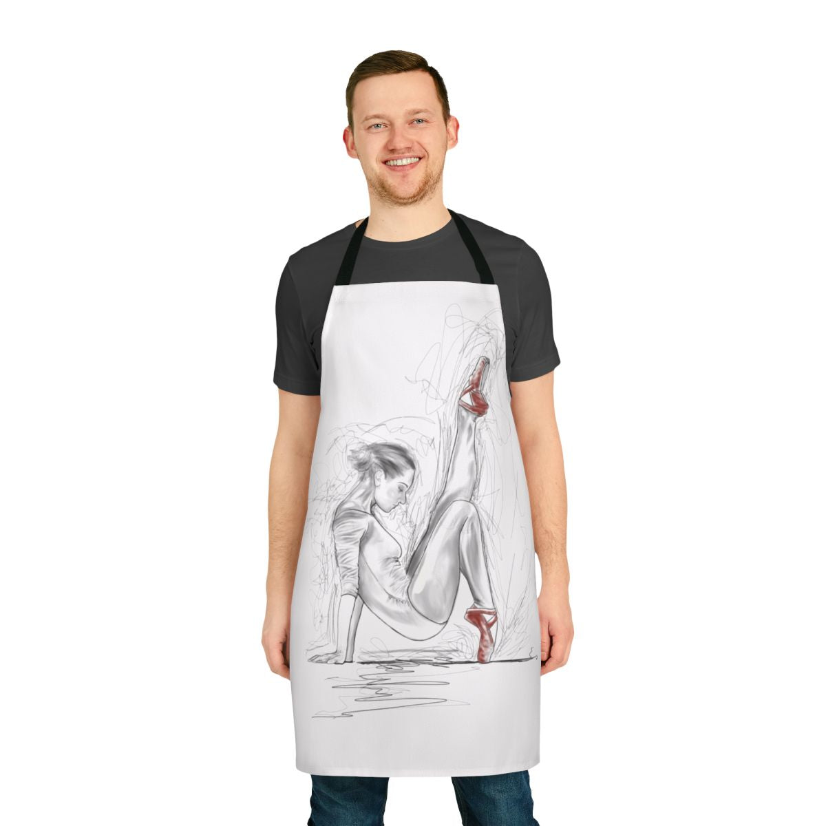A red ballet-inspired apron with a dancer silhouette design
