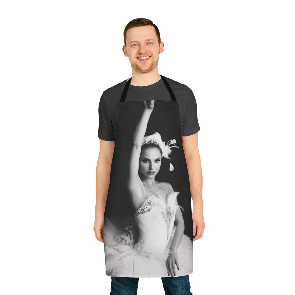 Stylish black apron with ballet and movie-themed design