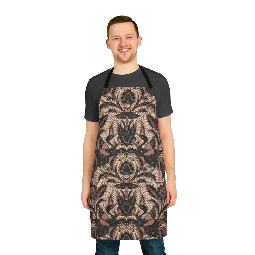 Batik inspired apron with bird and flower pattern