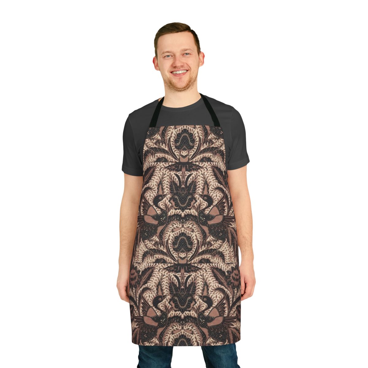 Batik inspired apron with bird and flower pattern