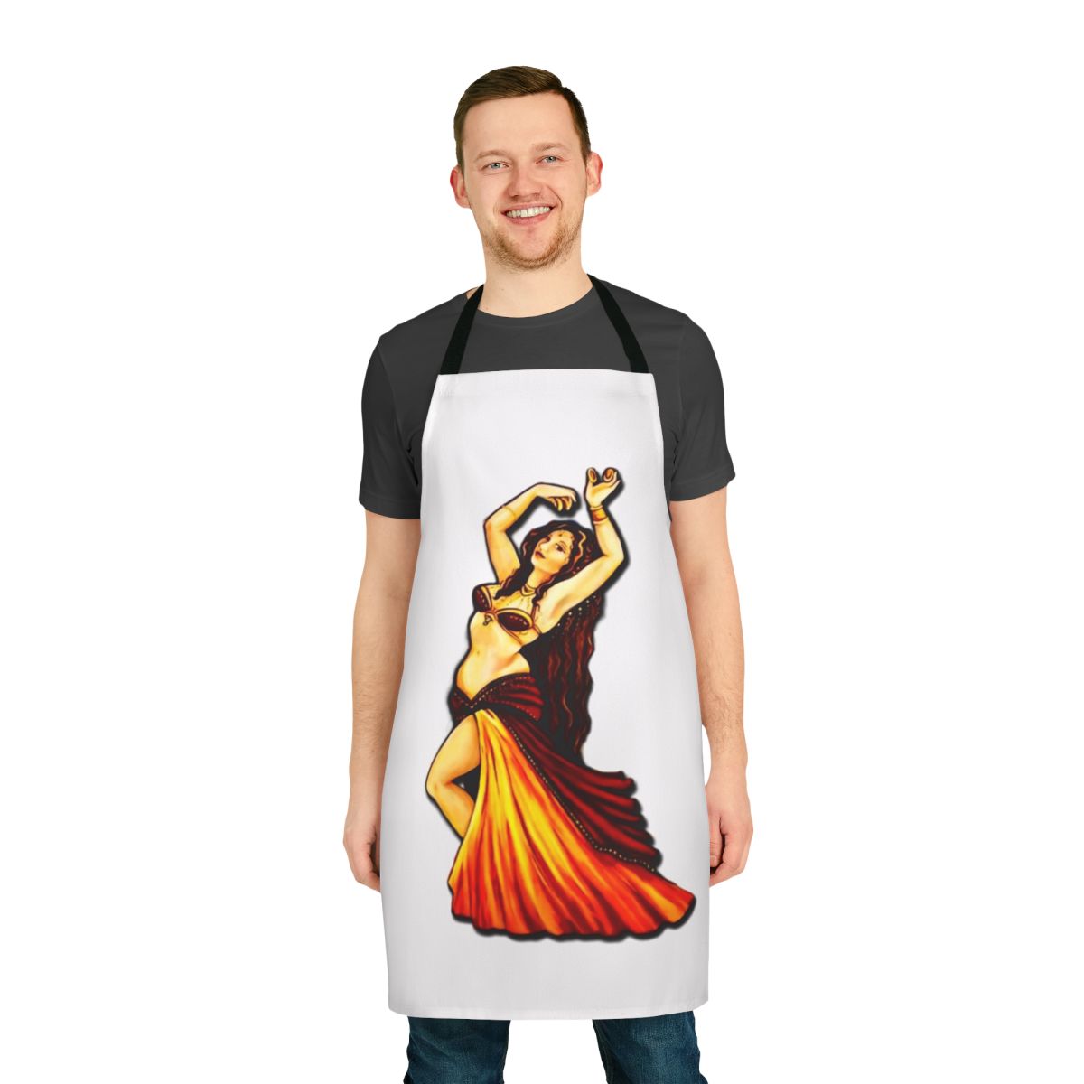 Elegant apron featuring a high-quality image of a belly dancer performing with finger cymbals