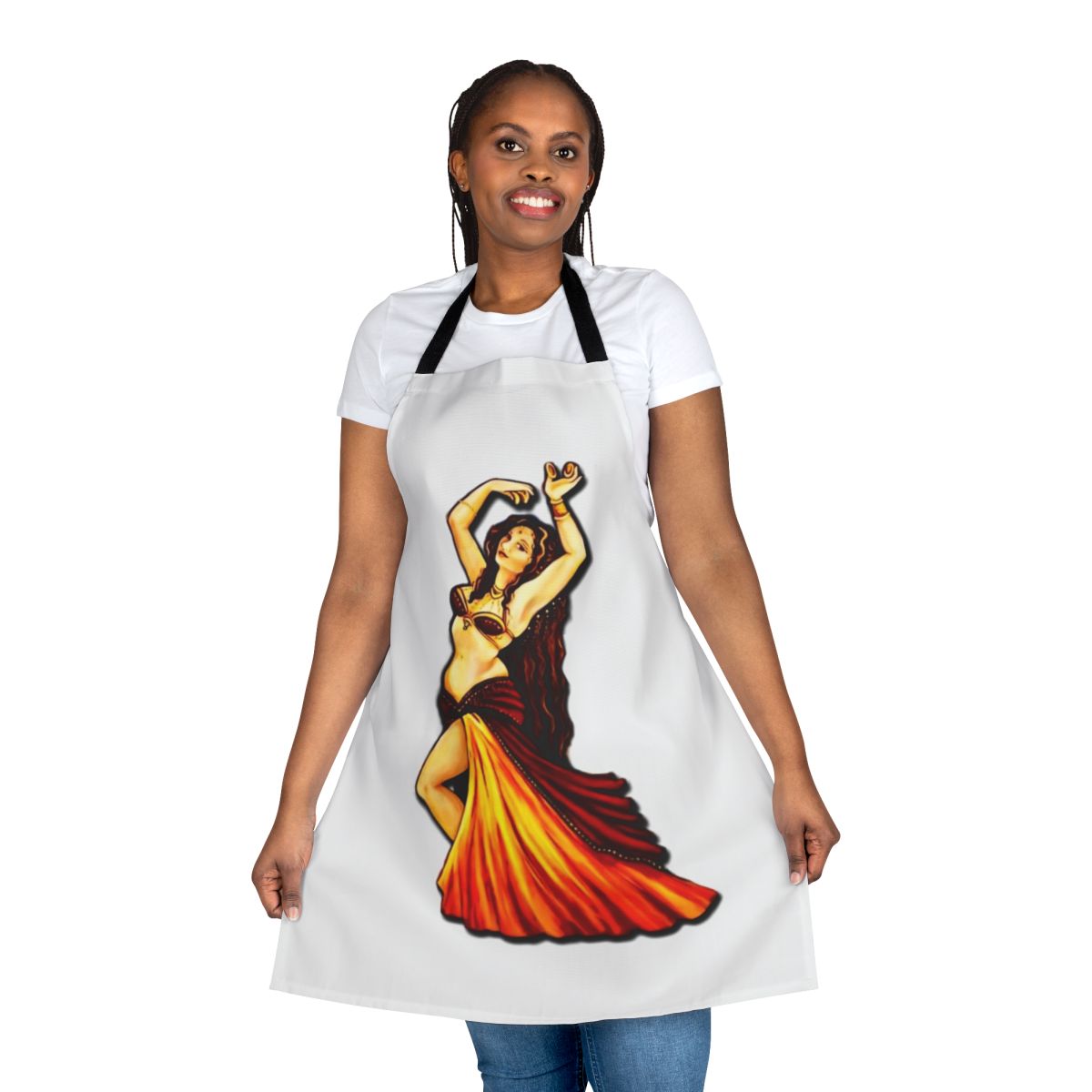 Elegant apron featuring a high-quality image of a belly dancer performing with finger cymbals