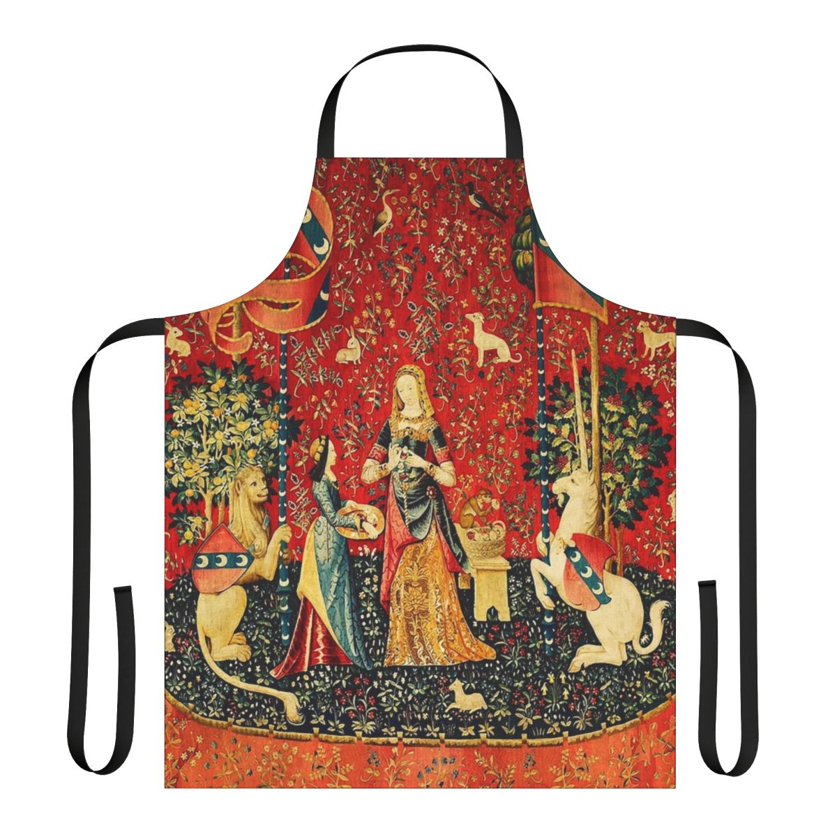Elegant black floral apron with a mythological horse design, inspired by the iconic "The Lady and the Unicorn" tapestry
