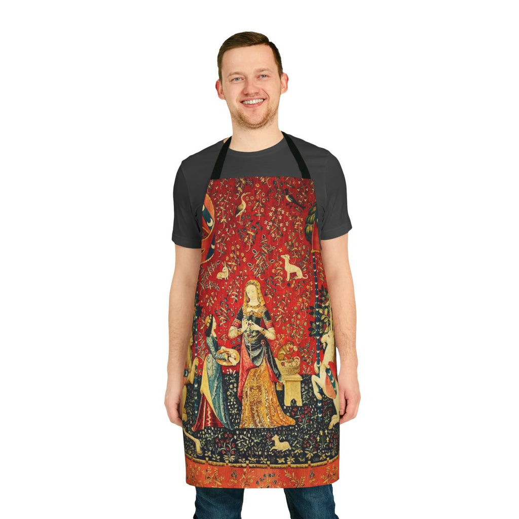 Elegant black floral apron with a mythological horse design, inspired by the iconic "The Lady and the Unicorn" tapestry