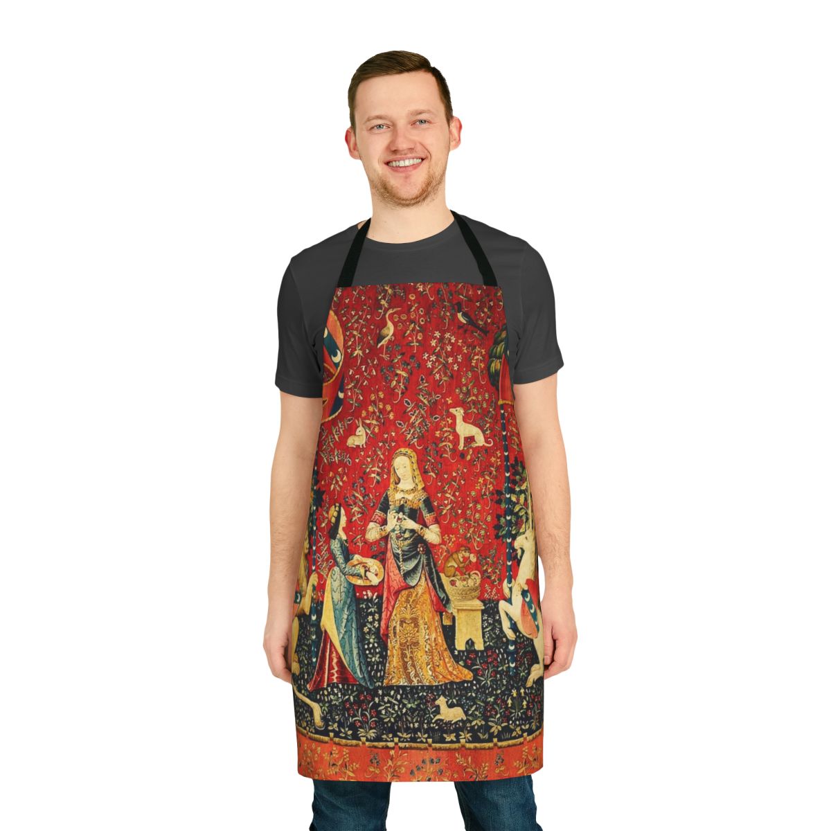 Elegant black floral apron with a mythological horse design, inspired by the iconic "The Lady and the Unicorn" tapestry