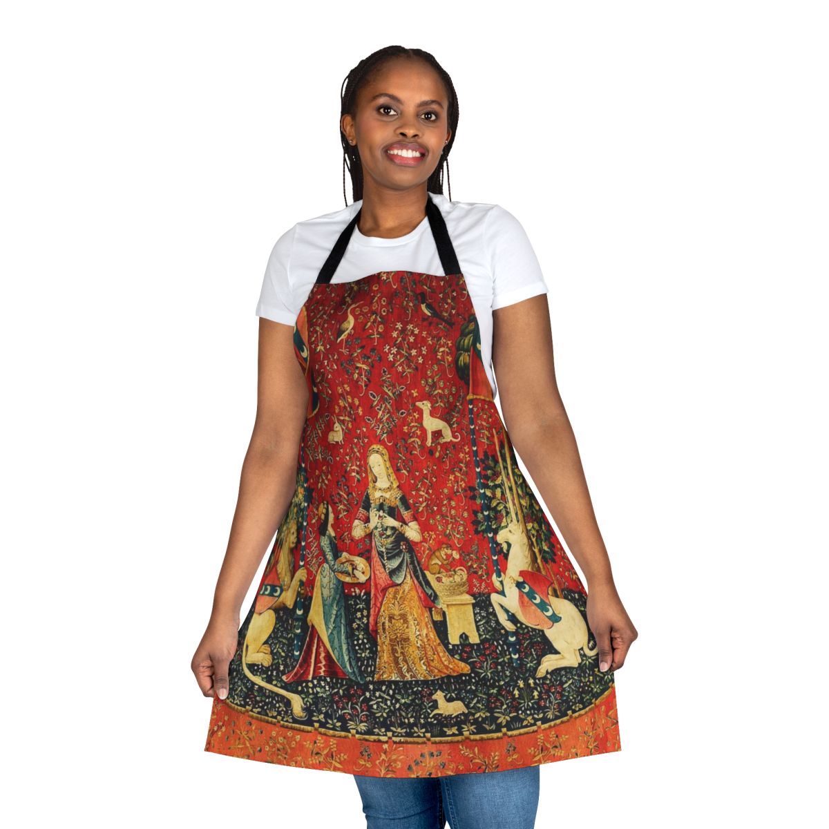 Elegant black floral apron with a mythological horse design, inspired by the iconic "The Lady and the Unicorn" tapestry