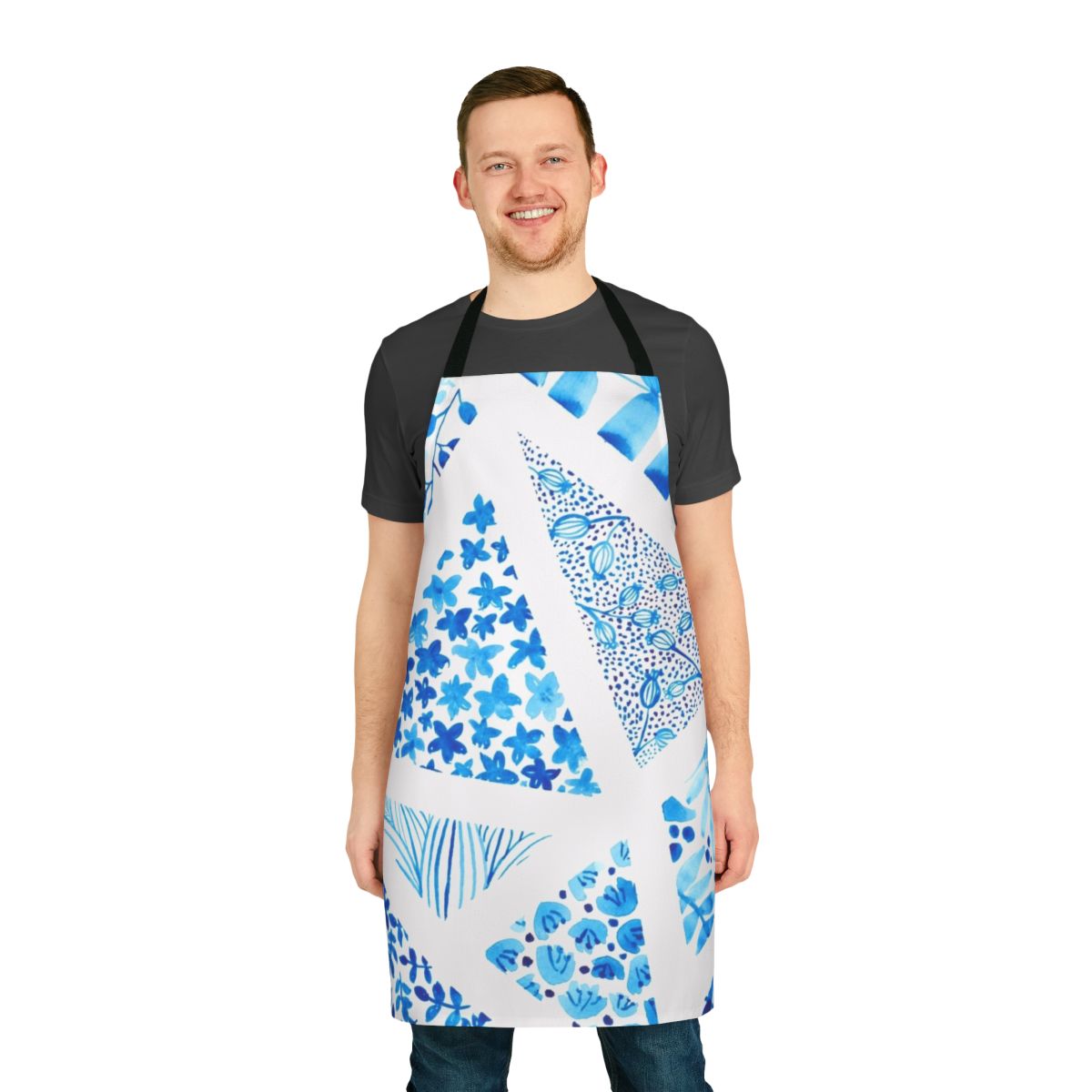 Blue and white abstract botanical pattern apron