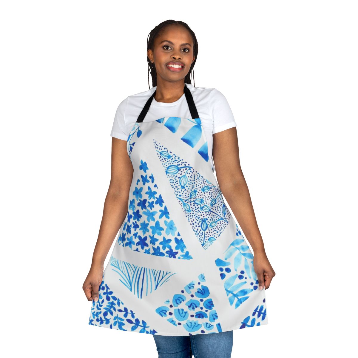 Blue and white abstract botanical pattern apron