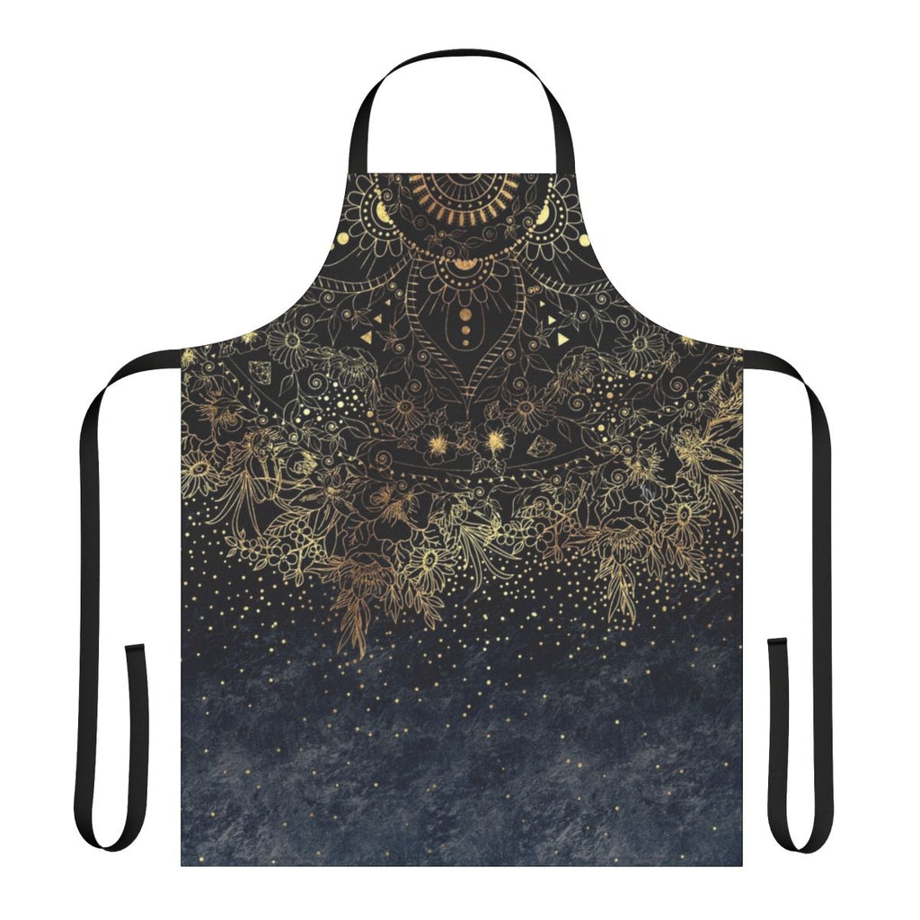Blue and gold floral mandala design on an apron