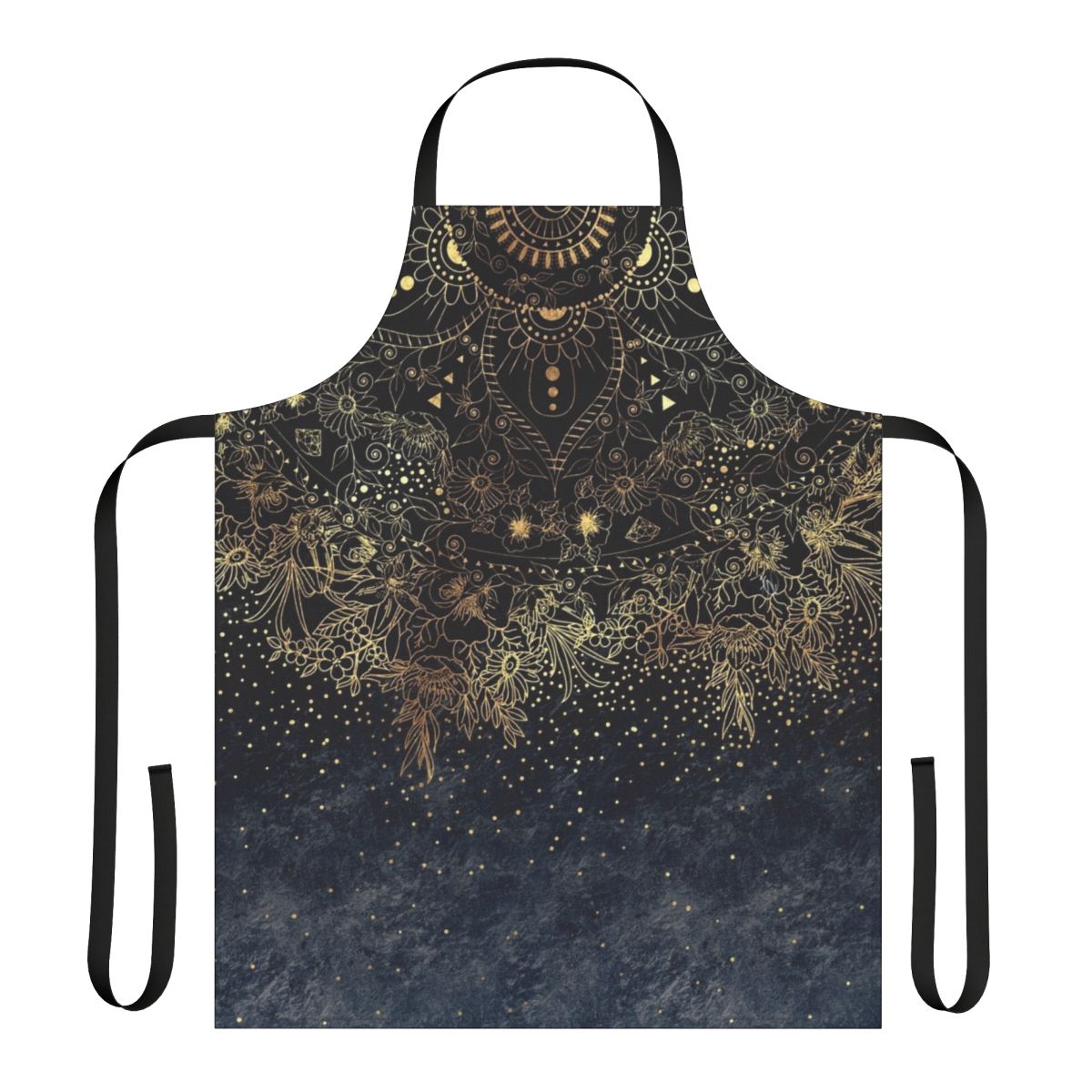 Blue and gold floral mandala design on an apron