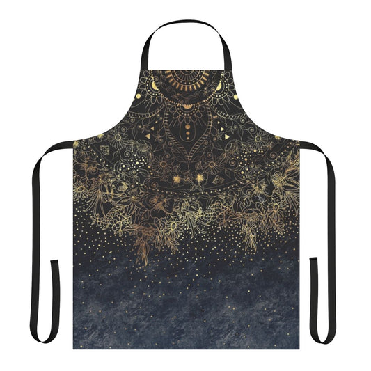 Blue and gold floral mandala design on an apron