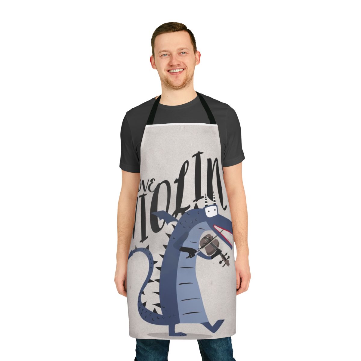 Stylish blue apron with a dragon and violin design, ideal for musicians and classical music enthusiasts.