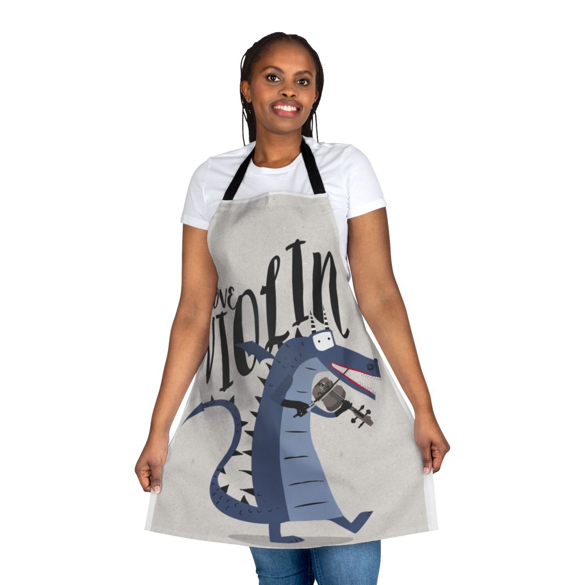 Stylish blue apron with a dragon and violin design, ideal for musicians and classical music enthusiasts.