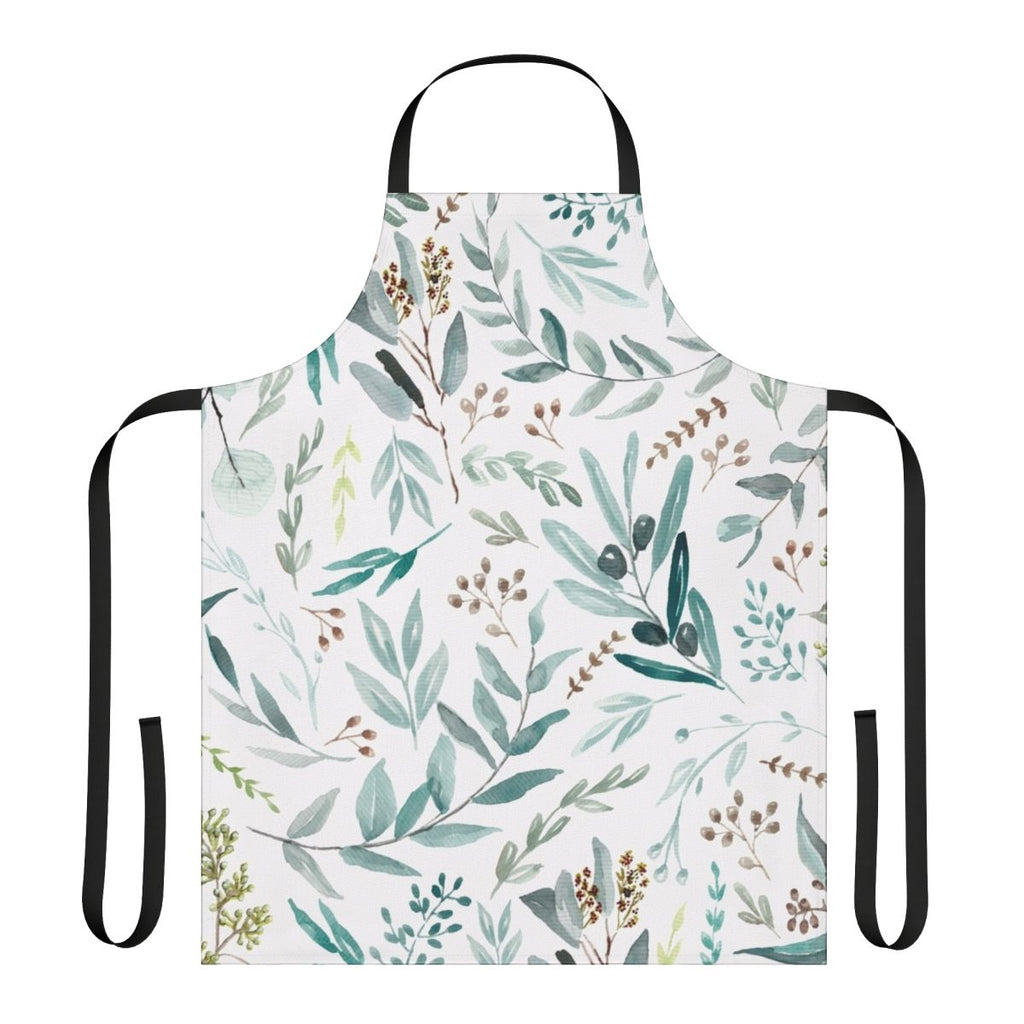 Vibrant, watercolor-style pattern of eucalyptus leaves on a boho-inspired apron