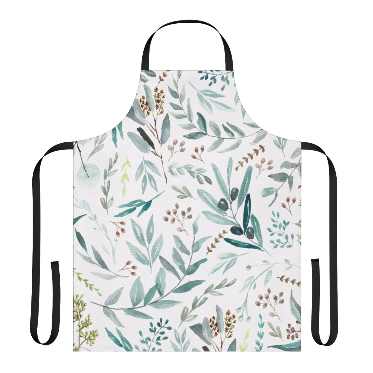 Vibrant, watercolor-style pattern of eucalyptus leaves on a boho-inspired apron