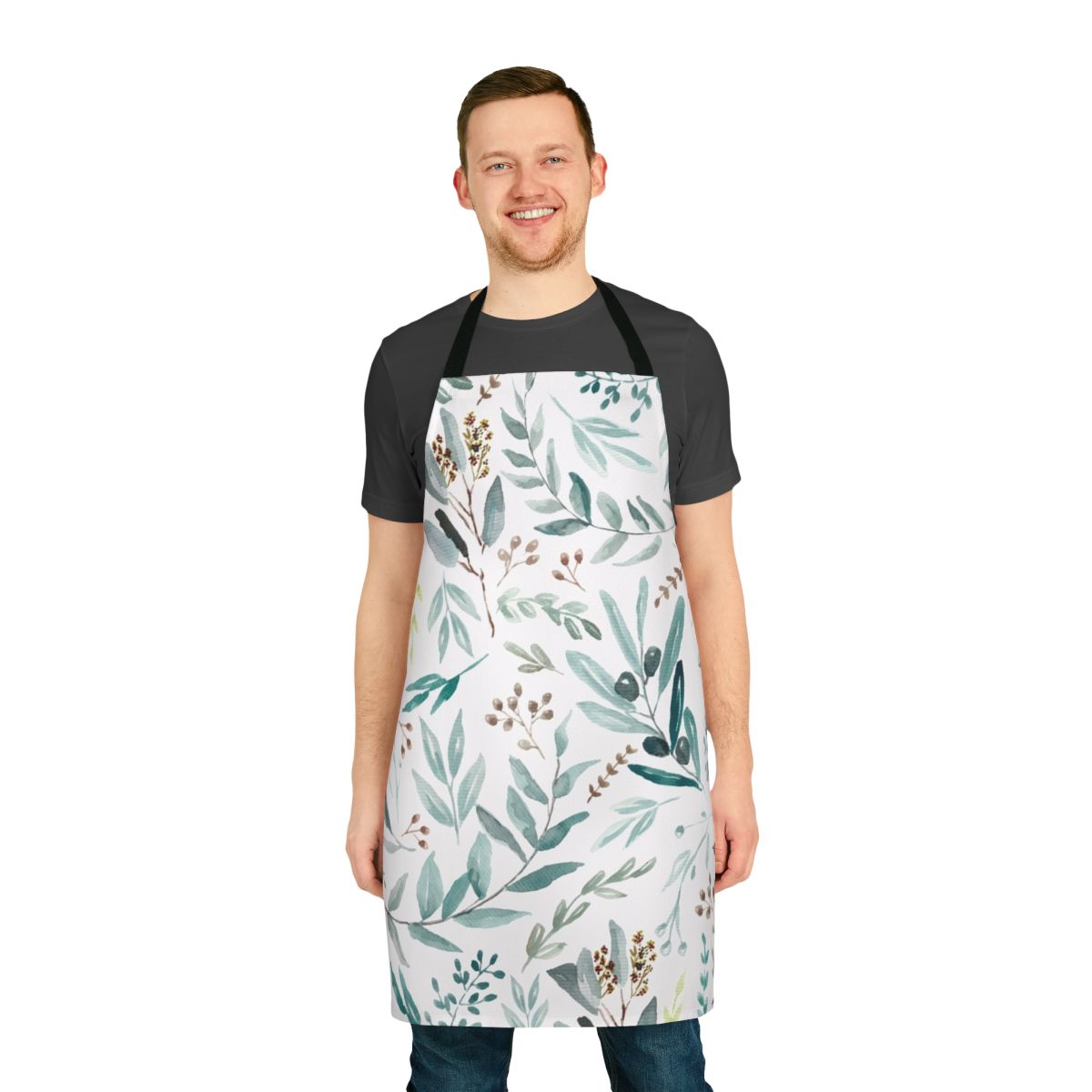 Vibrant, watercolor-style pattern of eucalyptus leaves on a boho-inspired apron