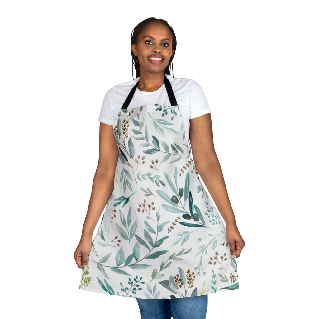 Vibrant, watercolor-style pattern of eucalyptus leaves on a boho-inspired apron
