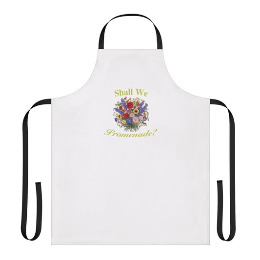Floral apron with "Shall We Promenade" quote, inspired by the Netflix series Bridgerton