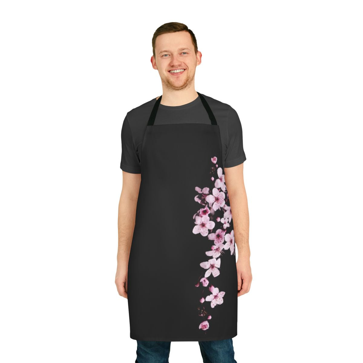 Beautiful one-sided cherry blossom branch design on a high-quality kitchen apron
