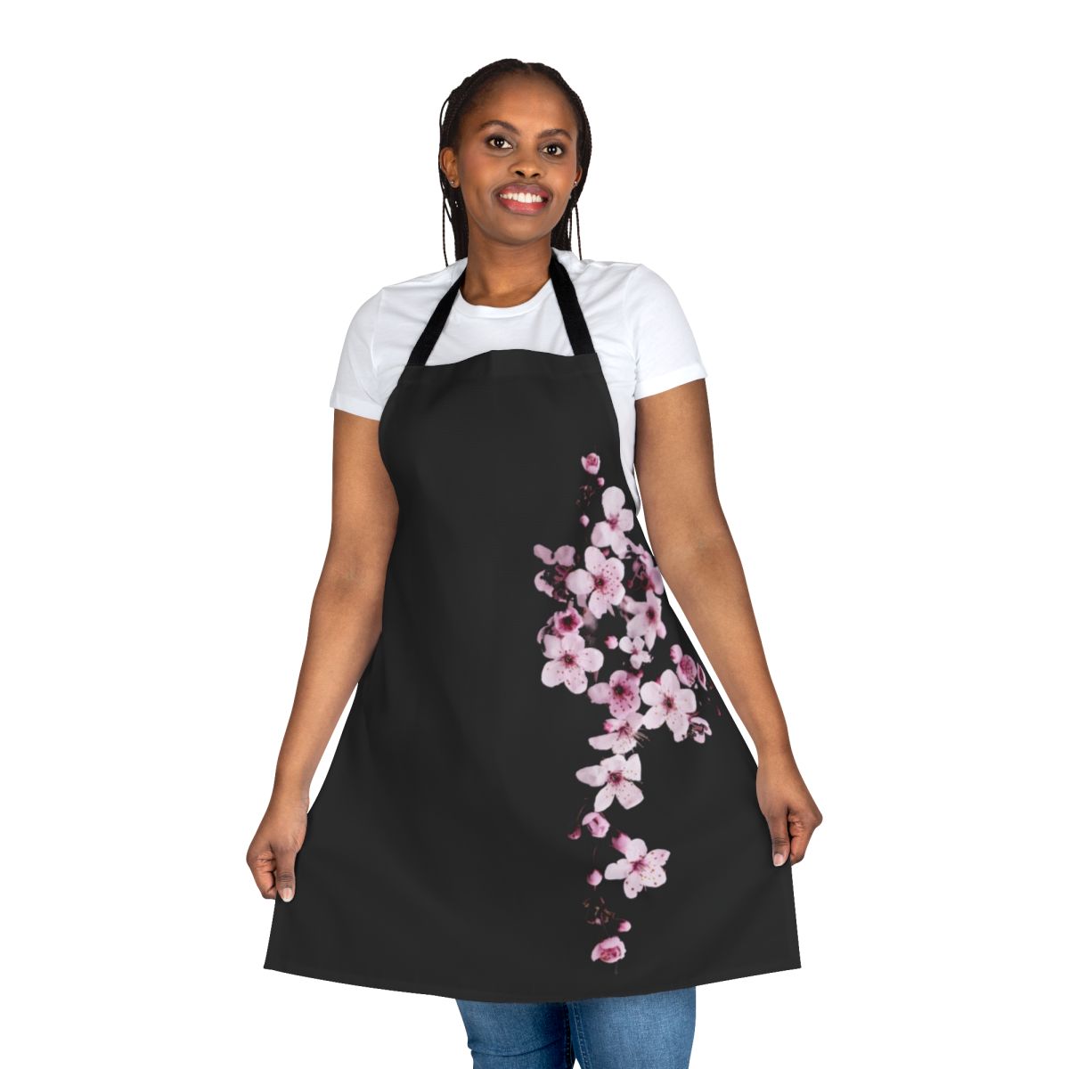 Beautiful one-sided cherry blossom branch design on a high-quality kitchen apron