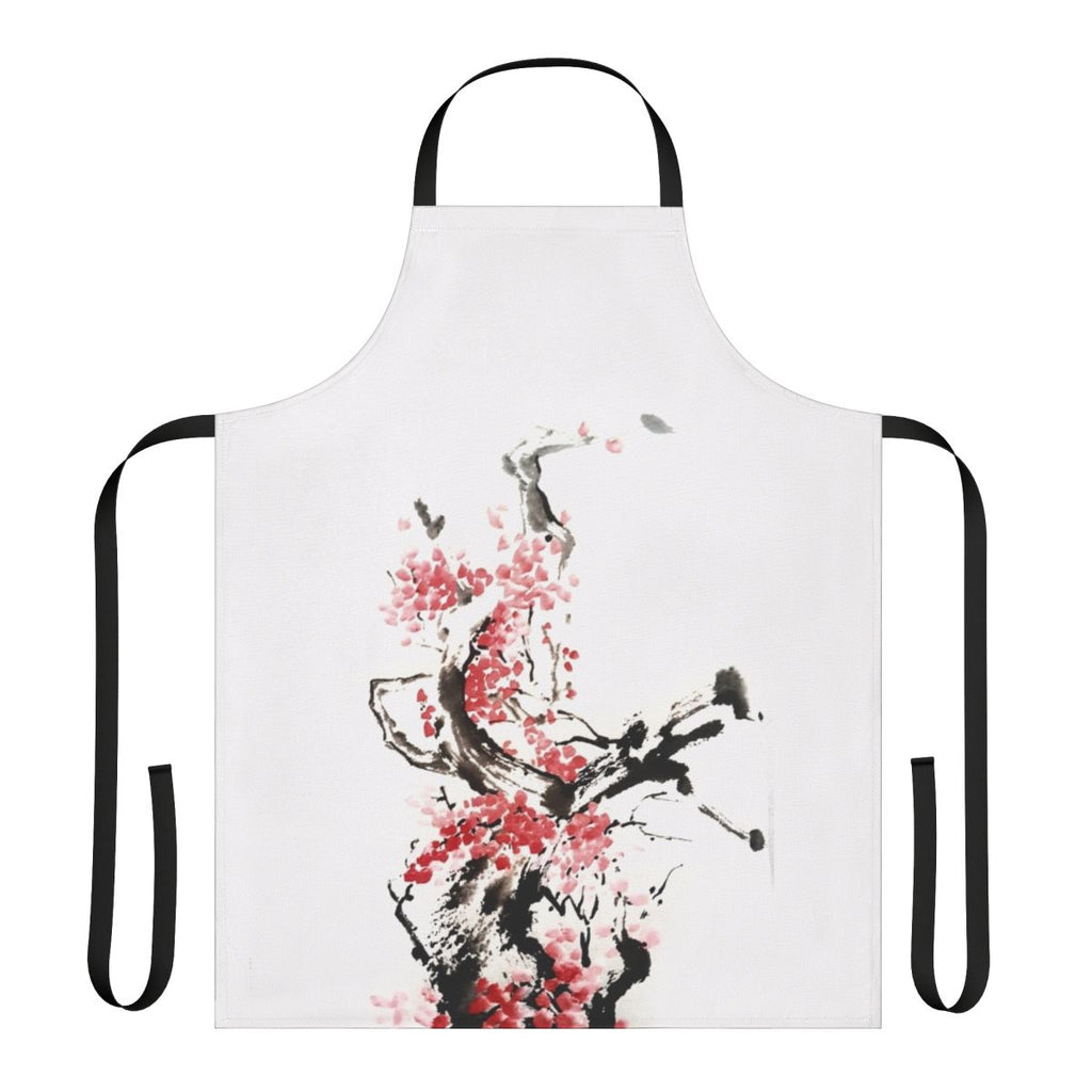 A stylish and functional apron featuring a delicate cherry blossom design, perfect for the kitchen or craft room.
