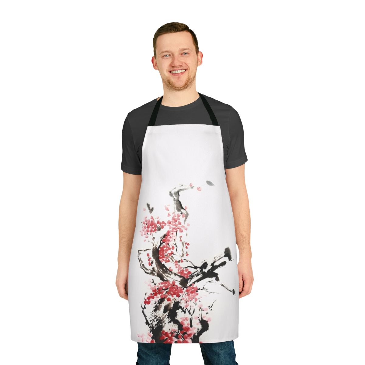 A stylish and functional apron featuring a delicate cherry blossom design, perfect for the kitchen or craft room.