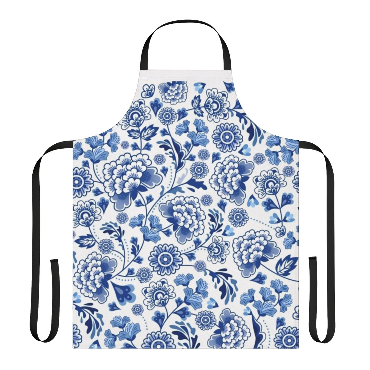 Vibrant blue and white porcelain-inspired floral design apron