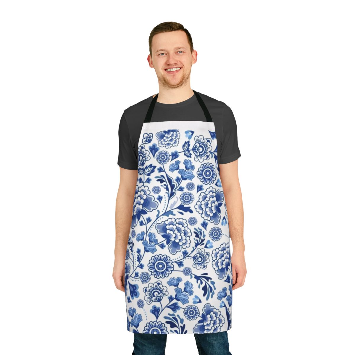 Vibrant blue and white porcelain-inspired floral design apron