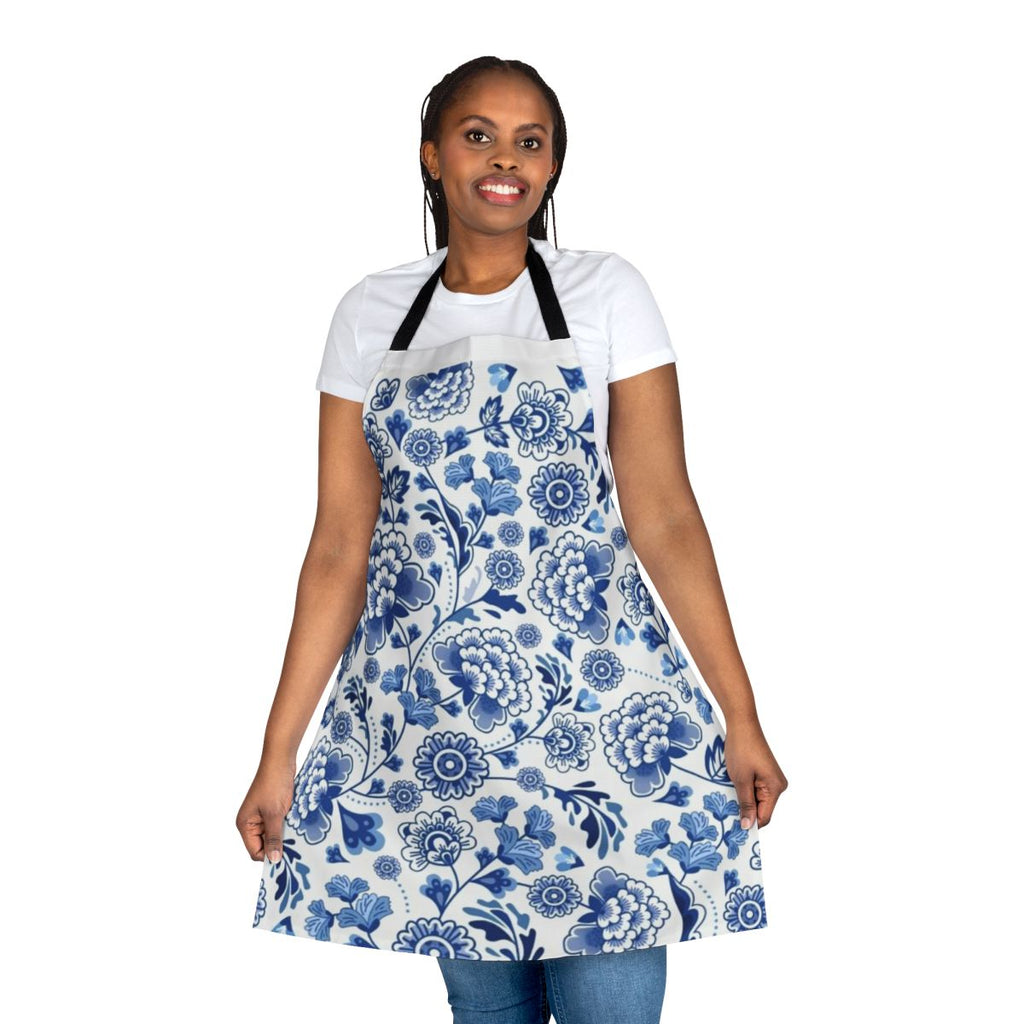 Vibrant blue and white porcelain-inspired floral design apron