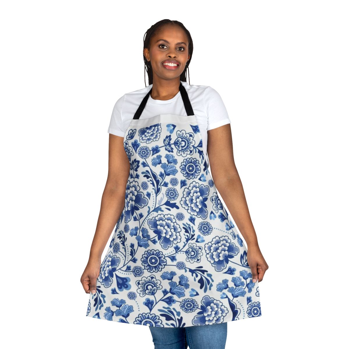 Vibrant blue and white porcelain-inspired floral design apron