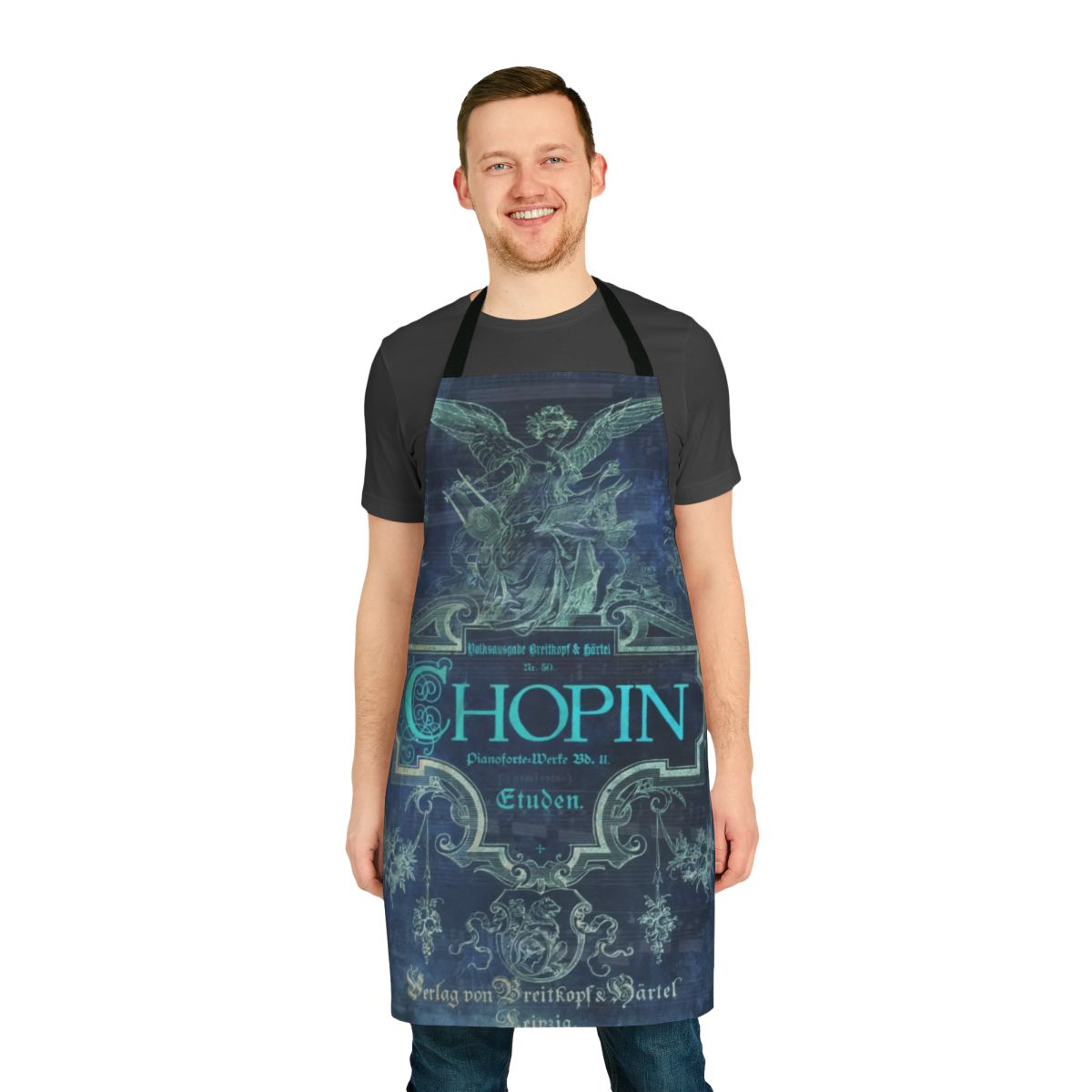 An apron featuring a portrait of the renowned Polish composer and virtuoso pianist, Frédéric Chopin.