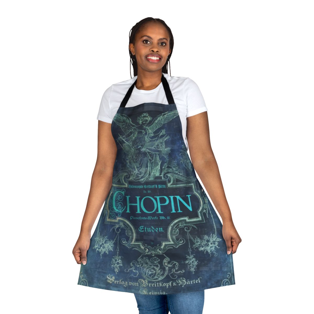 An apron featuring a portrait of the renowned Polish composer and virtuoso pianist, Frédéric Chopin.