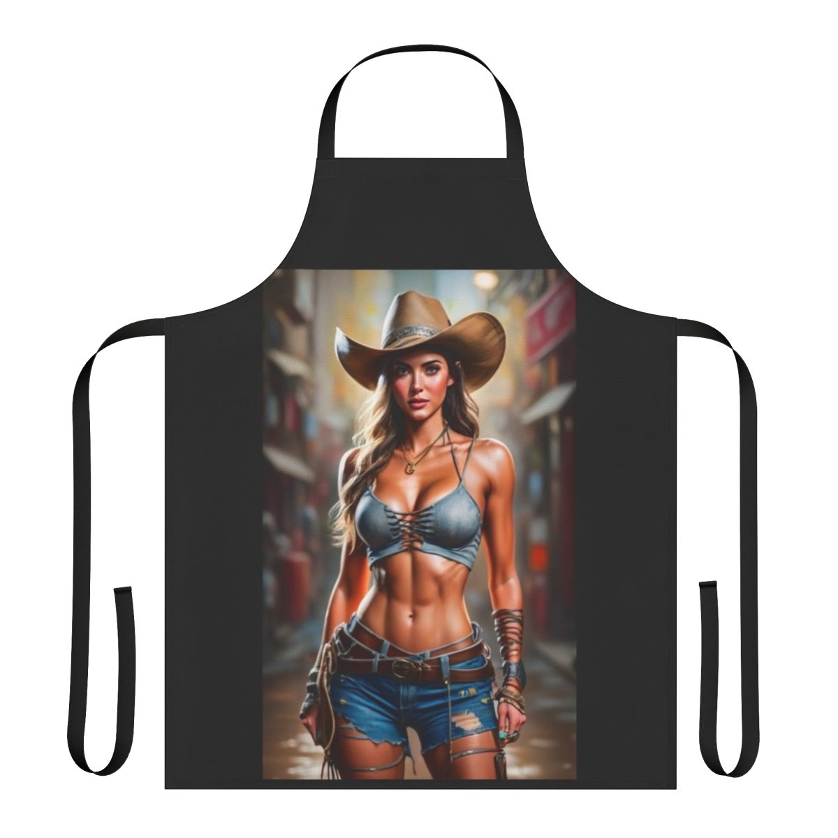 Elegant cowgirl-style apron featuring a beautiful, feminine woman