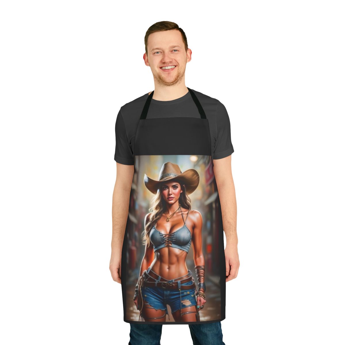 Elegant cowgirl-style apron featuring a beautiful, feminine woman
