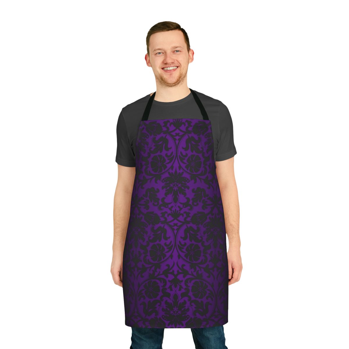 Stylish and modern damask pattern apron in shades of purple and black
