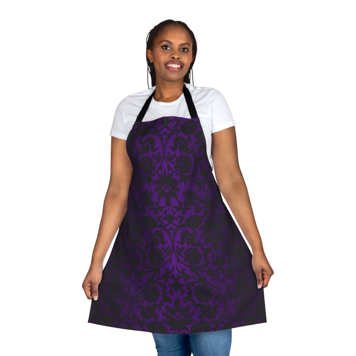 Stylish and modern damask pattern apron in shades of purple and black