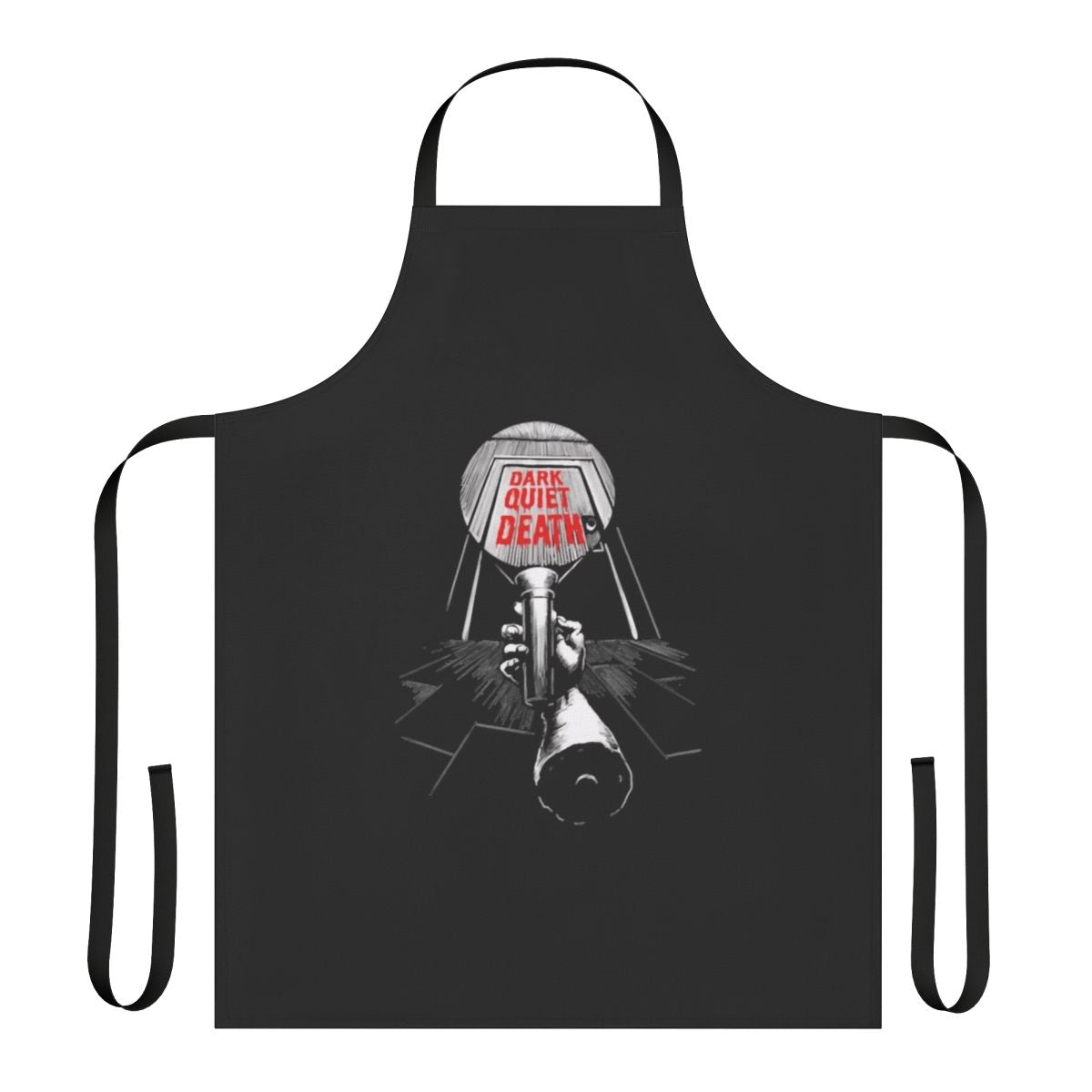 Dark-themed apron with "Dark Quiet Death" text on black background