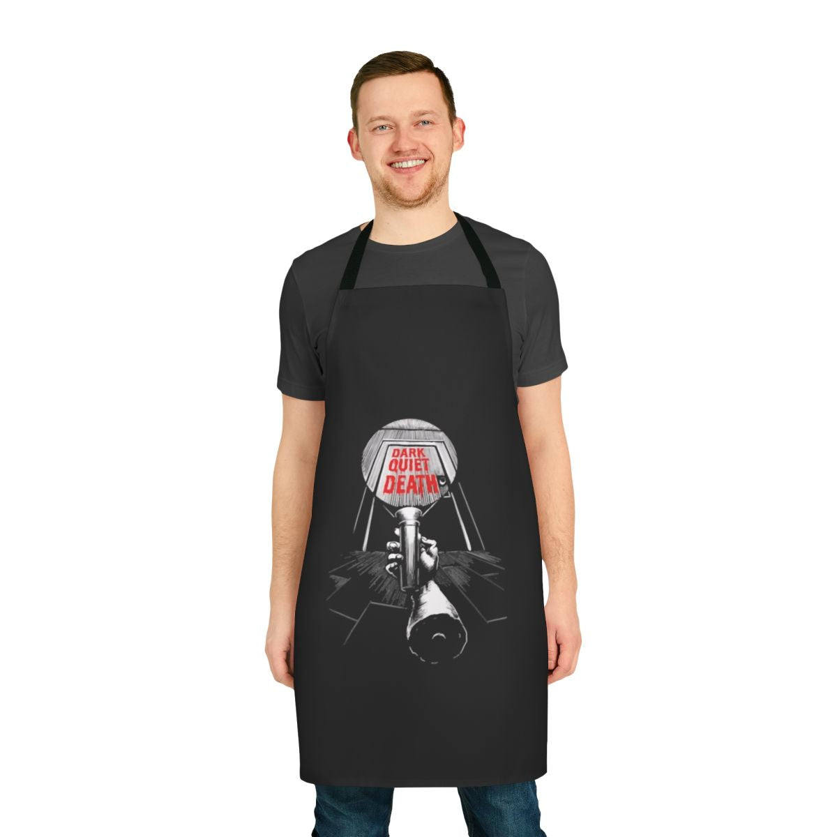 Dark-themed apron with "Dark Quiet Death" text on black background