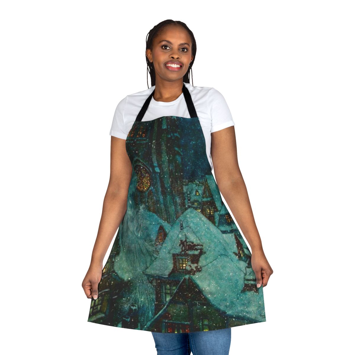 An elegant apron featuring a vintage illustration of the Snow Queen by renowned artist Edmund Dulac.