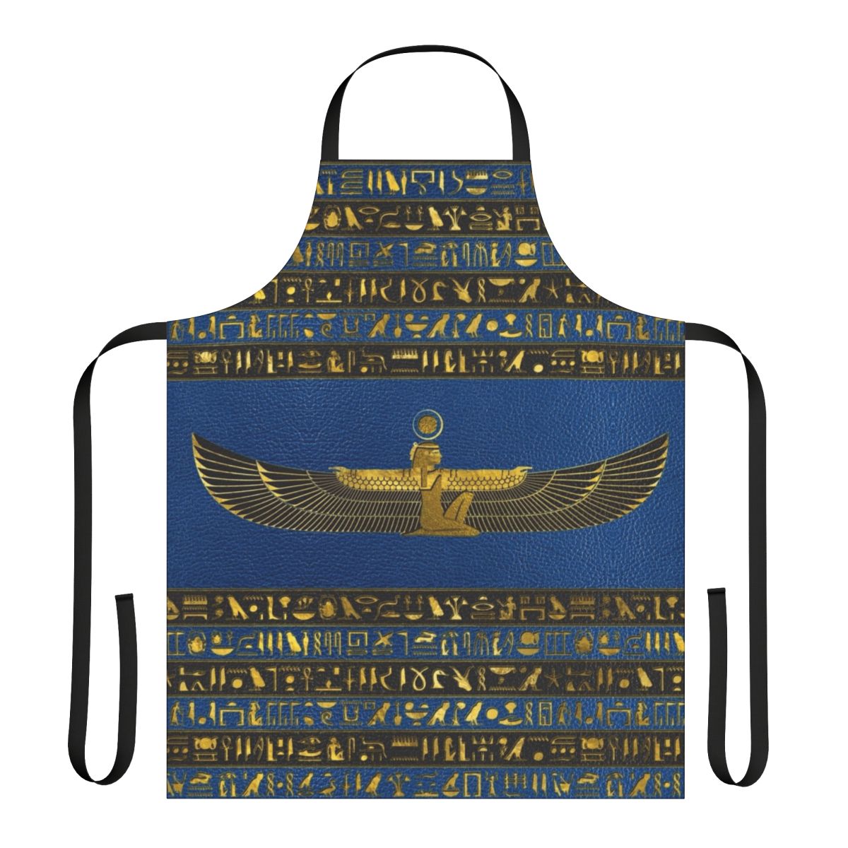 Close-up of a golden Egyptian-style ornament on a high-quality leather apron