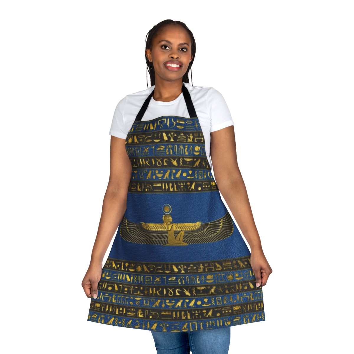 Close-up of a golden Egyptian-style ornament on a high-quality leather apron