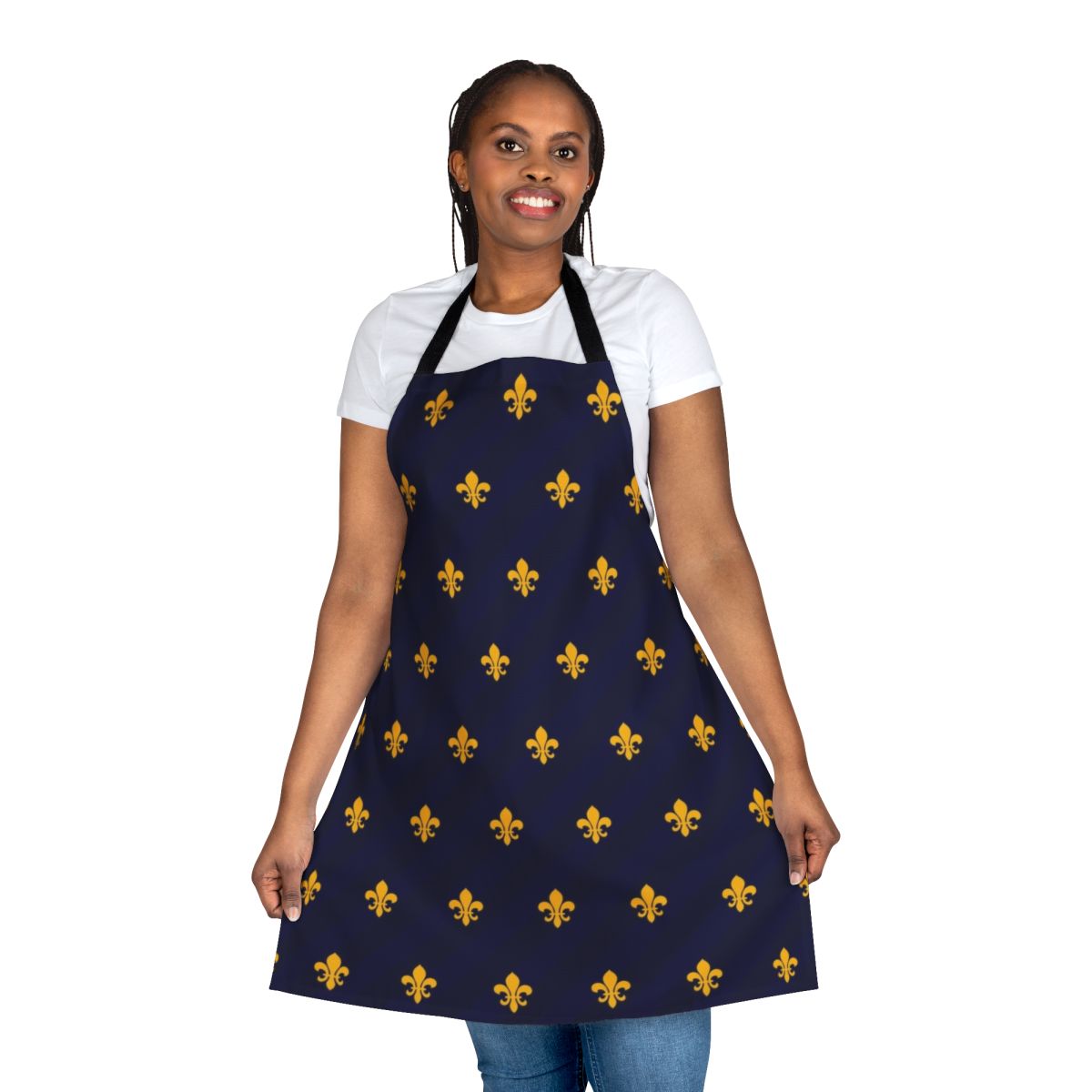 Fleur de Lys Inspired Kitchen Apron in Gold and Blue